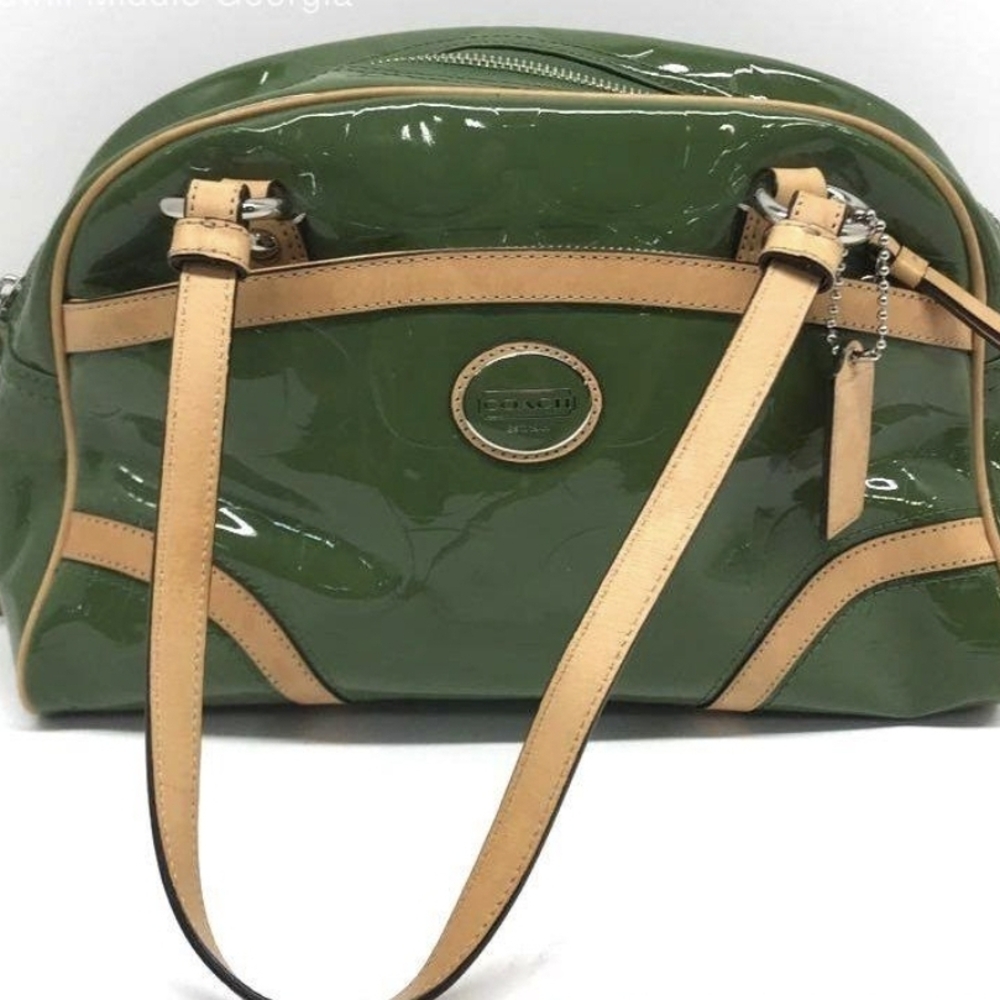 Coach Green Patent Shoulder Bag with Tan Trim